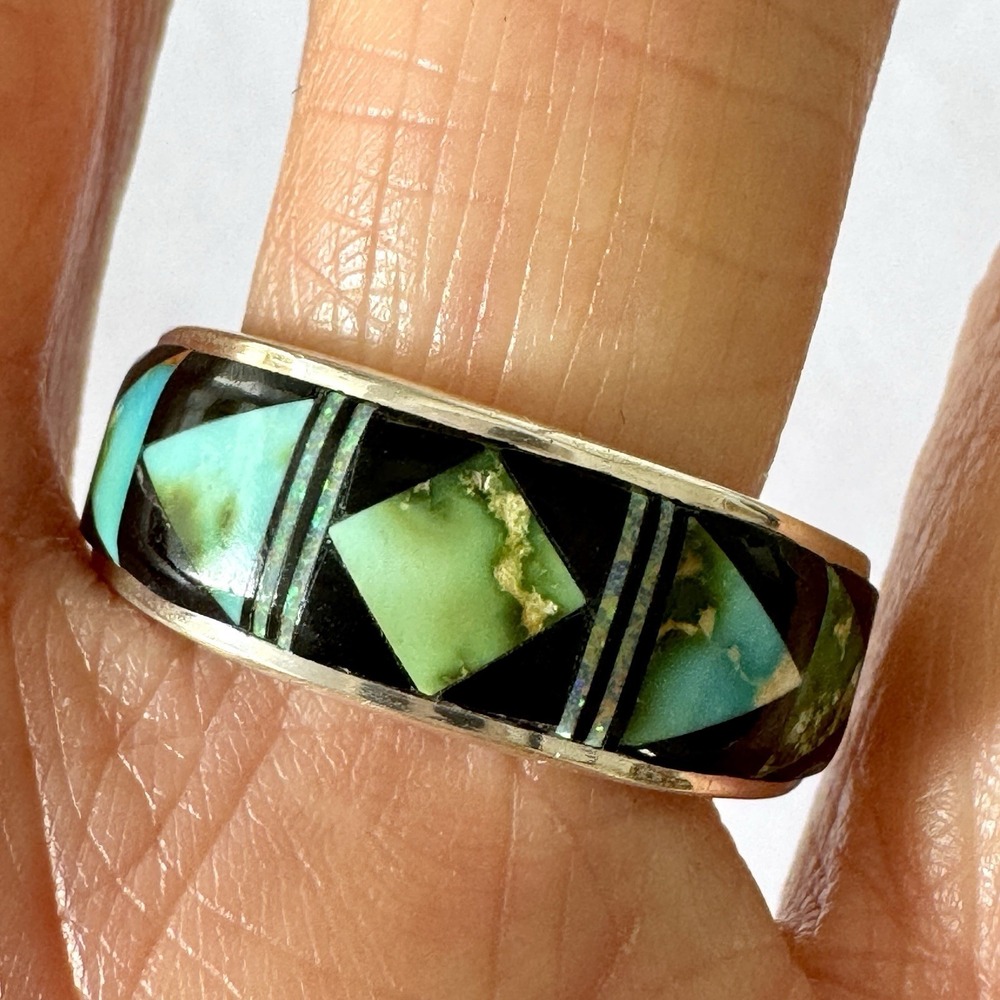 Navajo Turquoise Wedding Band Inlay Opal Multi Stone Ring Sz 11 9mm Men Unsigned
